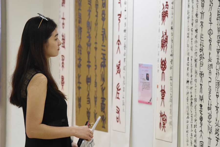 A visitor views the calligraphy works at a museum in Pinggu District in Beijing, capital of China, Aug. 24, 2019. Photo: Xinhua/Ren Chao