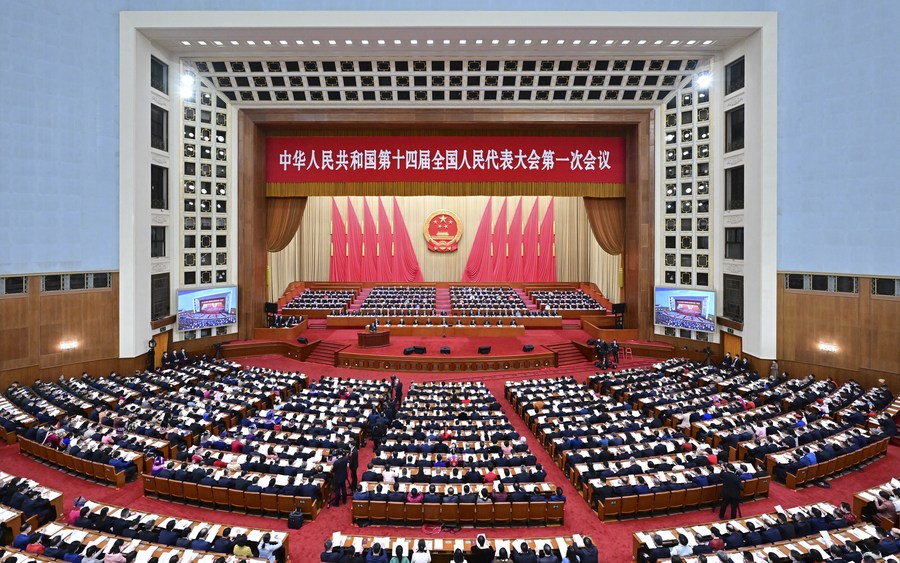 The opening meeting of the first session of the 14th National People's Congress (NPC) is held at the Great Hall of the People in Beijing, capital of China, March 5, 2023. (Xinhua/Zhai Jianlan)