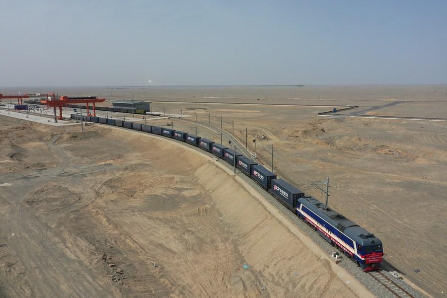 Gansu's first international freight train that runs through the China-Laos Railway. Photo: Xinhua/Du Zheyu