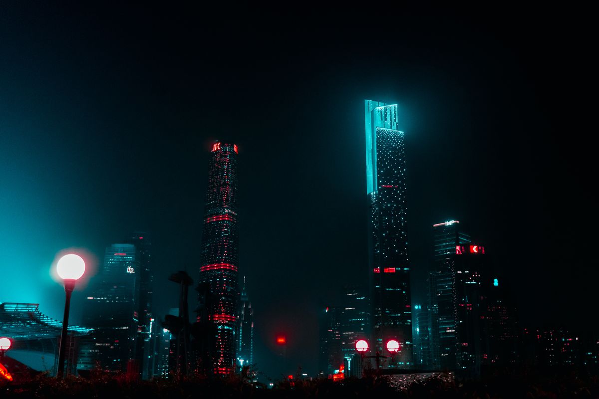 Buildings during night. Guangzhou Shi, Guangdong Sheng, China. Photo by Irina Iriser