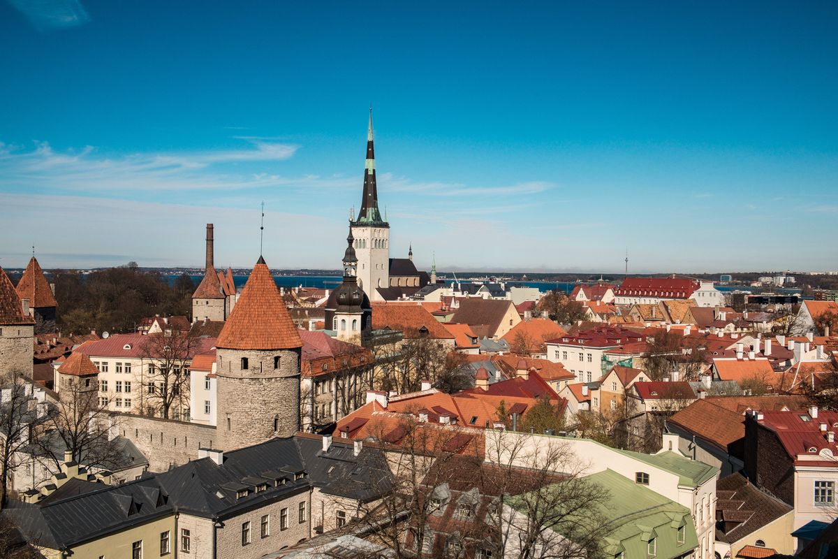 Aerial shot of city buildings in Tallinn, Estonia. Photo by Jo Kassis.
