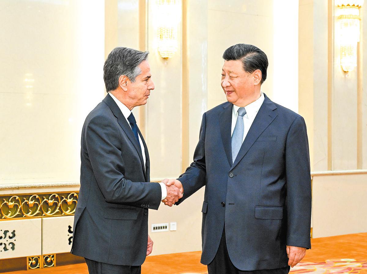 President Xi Jinping meets with visiting United States Secretary of State Antony Blinken at the Great Hall of the People in Beijing on Monday. Photo by Li Xueren/Xinhua.