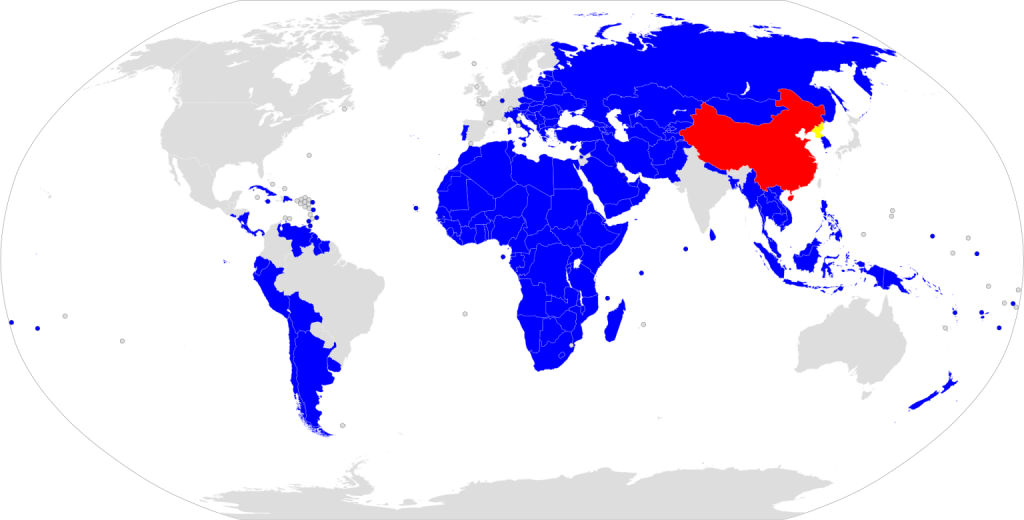 Countries which signed cooperation agreements such as memorandums of association (blue) with China (red). Map by: Owennson.