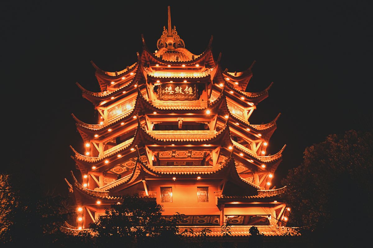 Lighted pagoda at night in Deyang. Photo by Lian Rodriguez