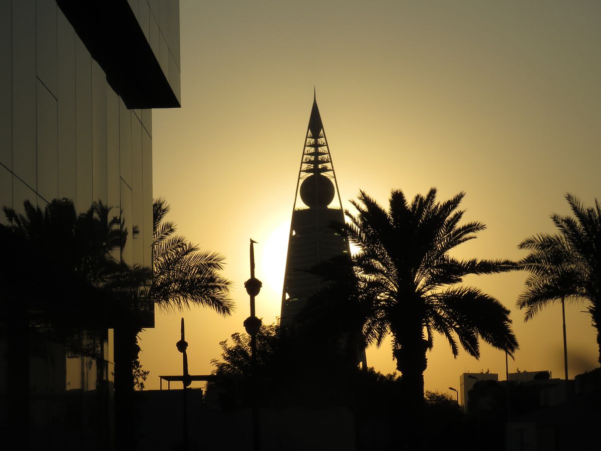 Silhouette of trees and building in Riyadh, Saudi Arabia. Photo by M Zaedm.