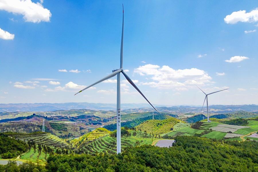 This aerial photo taken on May 16, 2023 shows wind turbines of Honghe Yongning wind power plant in Honghe Hani and Yi Autonomous Prefecture, southwest China's Yunnan Province. Photo: Yunnan Provincial Energy Investment Group